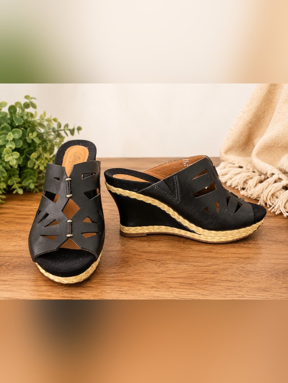 Earthies "Setina" Black Leather Cutout Wedge Sandals Mules